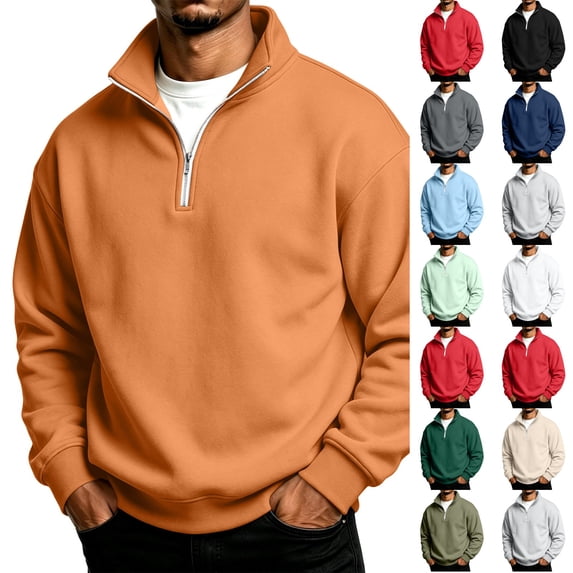 Dwellite Quarter Zip Sweatshirt for Men Fall Winter Pullover Collar Long Sleeve Sweatshirts Saffron XL