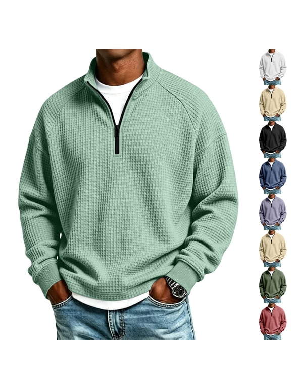 Quarter Zip Waffle Pullover Sweatshirts for Men Long Sleeve Sweater Mock Neck Sweater Casual Winter Fall Sweatshirt Light Green L