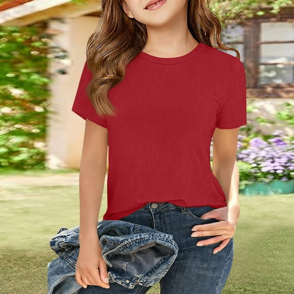 Dwellite Short Sleeve Ribbed Shirts for Girls Trendy Basic Solid Color ...
