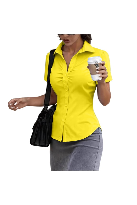 Short Sleeve Shirt for Womenn Y2k Slim Fit Button Up Collared Cropped Blouse Cute Tops Yellow S