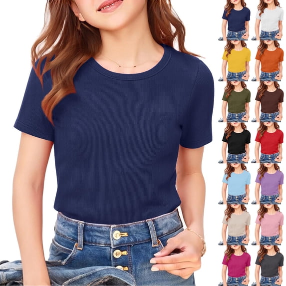 Dwellite Short Sleeve Shirts for Girls Crewneck T-Shirts Summer Tops Basic Tees 3-14 Years Beige 150