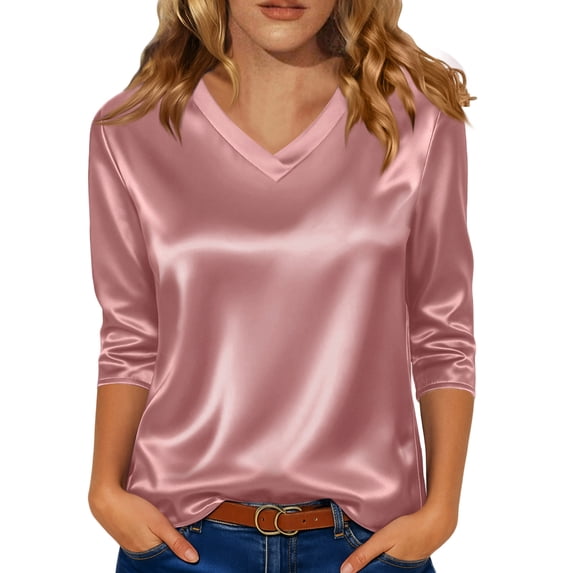 Dwellite Silk Satin Blouses for Women Dressy V Neck 3/4 Length Sleeve Tops Basic Shirt Business Casual Top Red L
