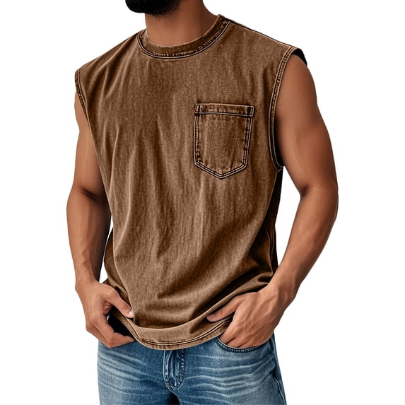 Dwellite Sleeveless Shirts for Men Tank Top Cotton Acid Wash Tees Workout Running Tank Tops with Pockets Brown 2XL