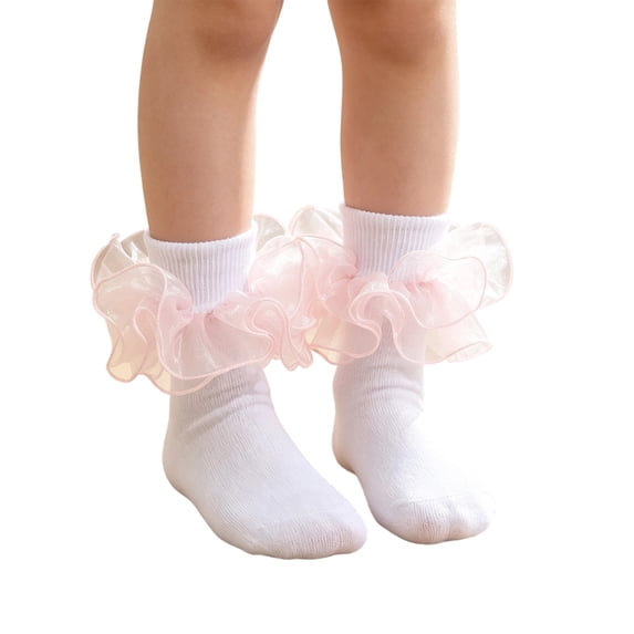 Dwellite Socks for Girl Fold Cuff Big Lace Frilly Dress Socks Fluffy Ruffles Stretch Socks Pink XL