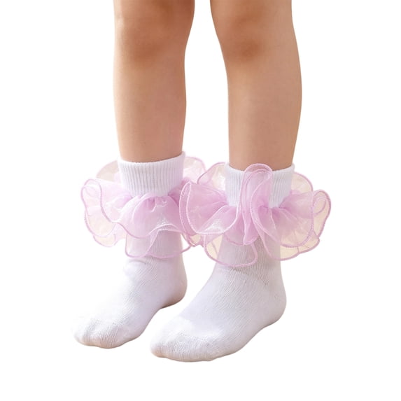 Dwellite Socks for Girl Fold Cuff Big Lace Frilly Dress Socks Fluffy Ruffles Stretch Socks Purple XS