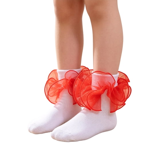Dwellite Socks for Girl Fold Cuff Big Lace Frilly Dress Socks Fluffy Ruffles Stretch Socks Red XL