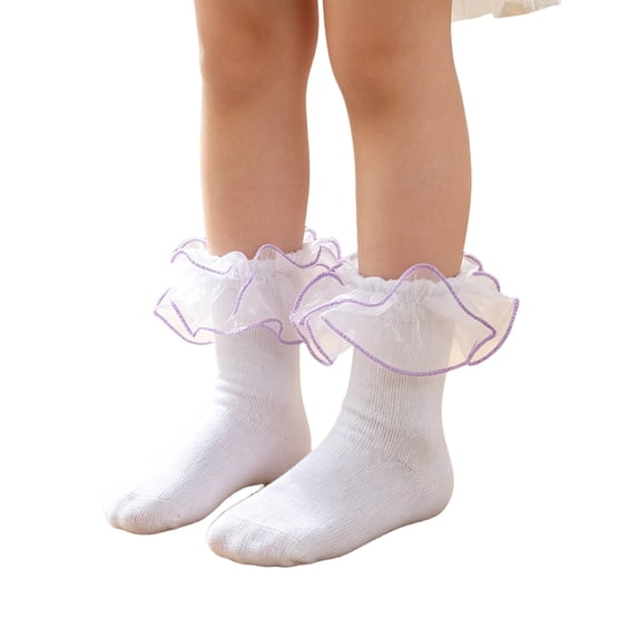 Dwellite Socks for Girls Double Lace Frilly Socks Turn Cuff Ruffle Dress Socks Purple XL