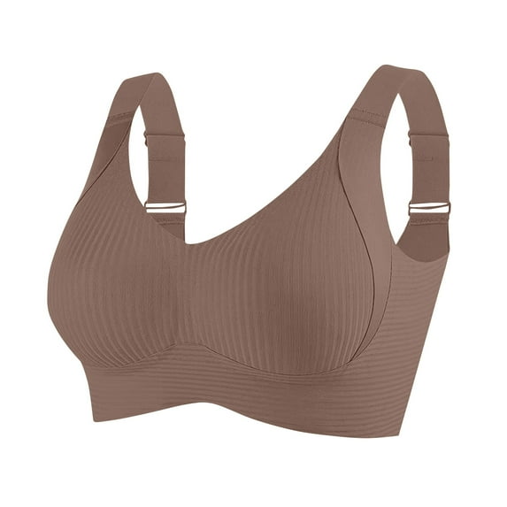 Dwellite Sports Bras for Women Solid Color Push Up Cozy Ribbed Wireless Full Support Sports Solid Color Everyday Bra Brown 36