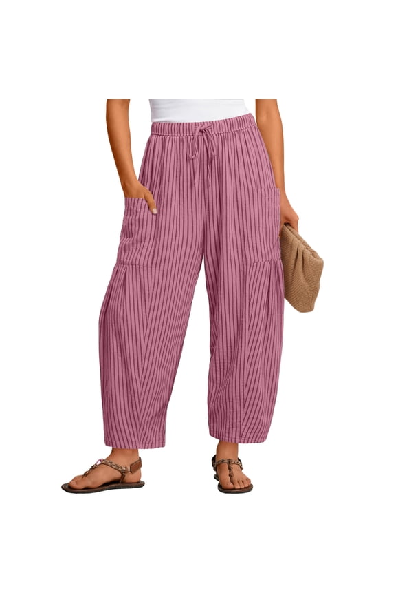 Striped Linen Pants Women Elastic Waist Drawstring Cotton Linen Casual Trendy Wide Leg Pants with Pockets Pink S