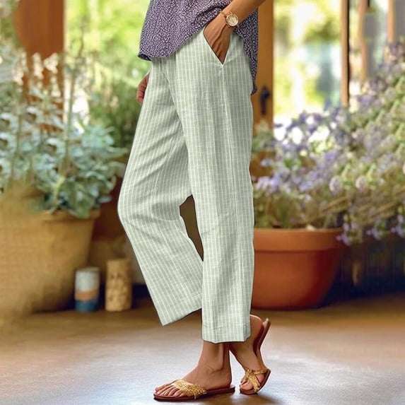 Dwellite Striped Linen Pants Women Elastic Waist Summer Boho Vacation Beach Pants Lightweight Cropped Straight Leg Lounge Pant Complexion XL