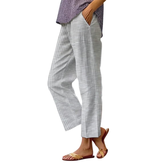 Dwellite Striped Linen Pants Women Elastic Waist Summer Boho Vacation Beach Pants Lightweight Cropped Straight Leg Lounge Pants Gray 2XL