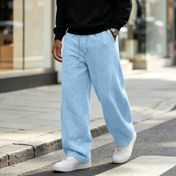 Dwellite Sweat Pants for Mens Lounge Casual Joggers Workout Flared Loose Fit Gym Wide Leg Solid Oversized Relaxed Fit Sweatpants with Pockets Light Blue S