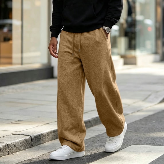 Dwellite Sweat Pants for Mens Lounge Casual Joggers Workout Flared Loose Fit Gym Wide Leg Solid Oversized Relaxed Fit Sweatpants with Pockets Khaki L