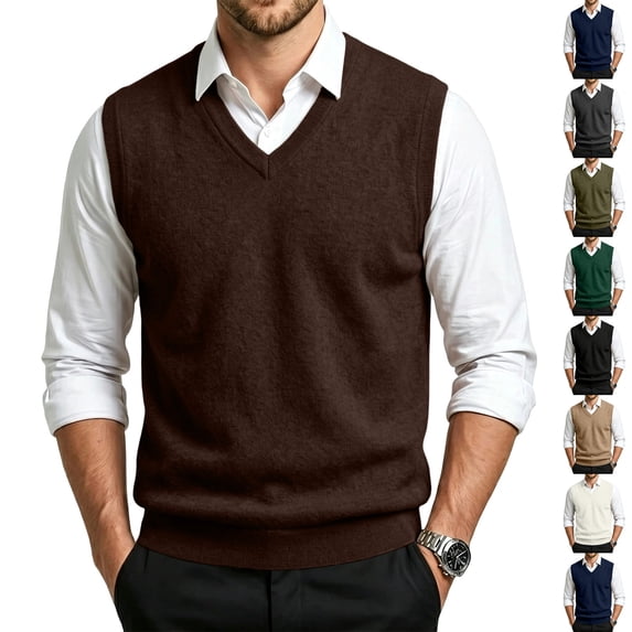 Dwellite Sweater Vest for Men Casual Sleeveless Knit Pullover V Neck Solid Knit Business Office Fall Winter Sweaters Coffee M