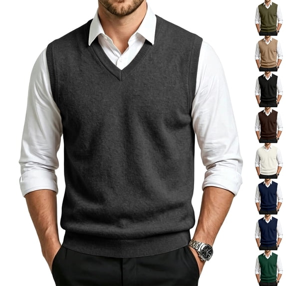 Dwellite Sweater Vest for Men Casual Sleeveless Knit Pullover V Neck Solid Knit Business Office Fall Winter Sweaters Dark Gray S