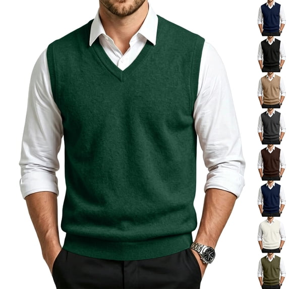 Dwellite Sweater Vest for Men Casual Sleeveless Knit Pullover V Neck Solid Knit Business Office Fall Winter Sweaters Dark Green L