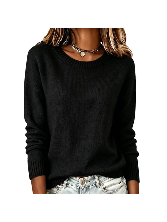 Sweaters for Women Knit Cropped Crewneck Basic Trendy Fall Tops Cropped Sweater Winter Long Sleeve Dressy Top 2026 Black L