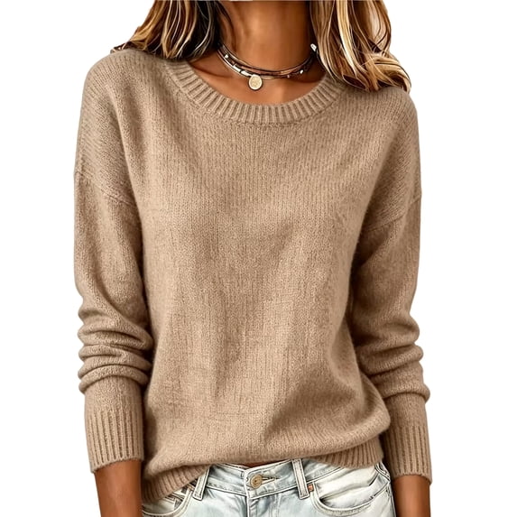 Dwellite Sweaters for Women Knit Cropped Crewneck Basic Trendy Fall Tops Cropped Sweater Winter Long Sleeve Dressy Top 2026 Khaki XL