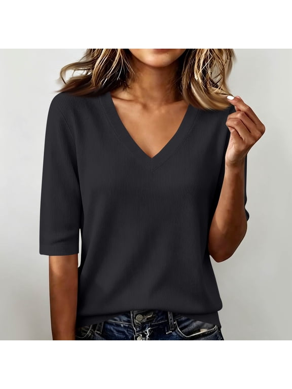 Sweaters for Women V Neck 3/4 Sleeve Plain Lounge Warm Sweater Fall Winter Pullover Causal Blouses 2026 Black L