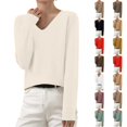 thumbnail image 1 of Dwellite Sweaters for Women V Neck Long Sleeve Fall Casual Tops Knit Soft Lightweight Crop Sweaters for Fall and Work Beige -AE05 XL, 1 of 7