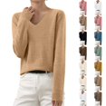 thumbnail image 1 of Dwellite Sweaters for Women V Neck Long Sleeve Fall Casual Tops Knit Soft Lightweight Crop Sweaters for Fall and Work Camel -AE05 2XL, 1 of 6