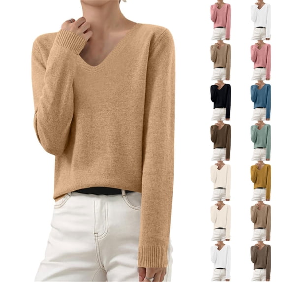 Dwellite Sweaters for Women V Neck Long Sleeve Fall Casual Tops Knit Soft Lightweight Crop Sweaters for Fall and Work Camel -AE05 2XL
