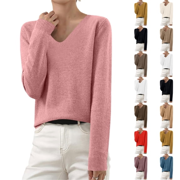 Dwellite Sweaters for Women V Neck Long Sleeve Fall Casual Tops Knit Soft Lightweight Crop Sweaters for Fall and Work Light pink -AE05 M