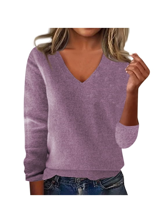Sweaters for Women V Neck Long Sleeve Plain Knit Lounge Warm Sweater Fall Winter Pullover Causal Tops Light Purple 2XL