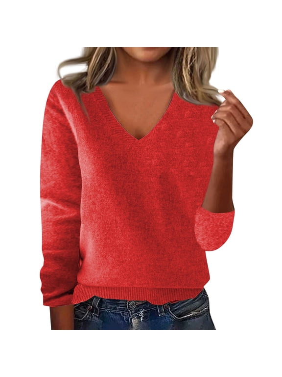 Sweaters for Women V Neck Long Sleeve Plain Knit Lounge Warm Sweater Fall Winter Pullover Causal Tops Red M