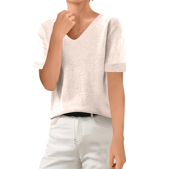 Dwellite Sweaters for Womens Short Sleeve Cropped Crew Neck Business Casual Lightweight Sweater Tops Summer Spring Knit Tops Pullover 2026 Beige L