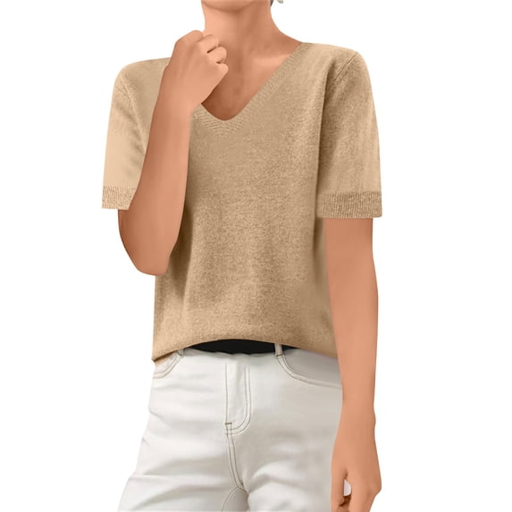 Dwellite Sweaters for Womens Short Sleeve Cropped Crew Neck Business Casual Lightweight Sweater Tops Summer Spring Knit Tops Pullover 2026 Camel L