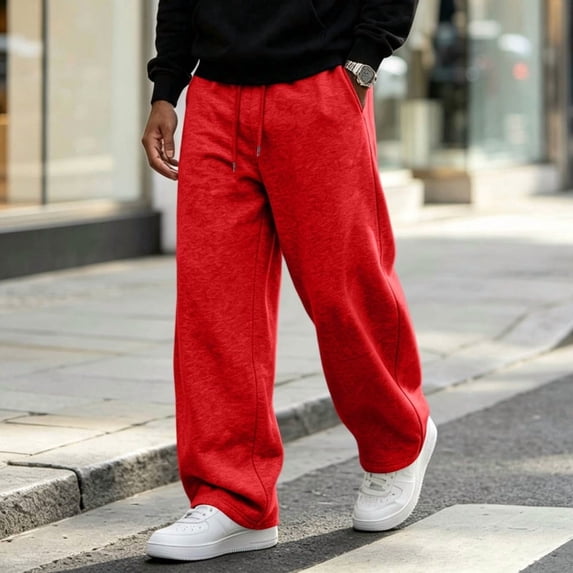 Dwellite Sweatpants Mens Plus Size Wide Leg Running Workout Jogger Pants Hiking Travel Oversized Comfortable Elastic Waist Fall Winter Sweatpants with Pockets Red 3XL