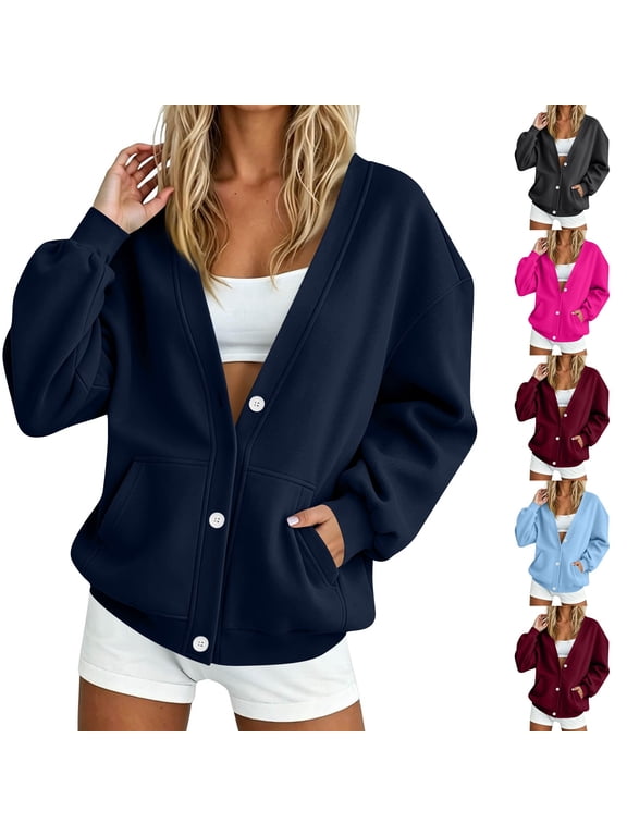 Sweatshirt for Women Lightweight Button Down Fleece Jacket V-Neck Open Front Oversized Cardigan Navy -AA01 XL