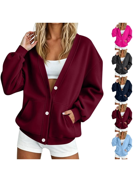 Sweatshirt for Women Lightweight Button Down Fleece Jacket V-Neck Open Front Oversized Cardigan Wine -AA01 XL