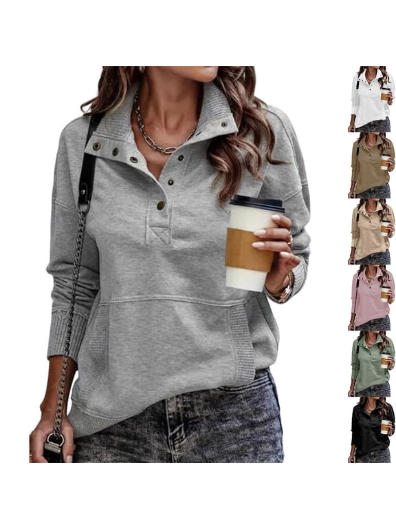 Sweatshirt for Women's Casual Long Sleeve Stand Neck Sweatshirt Lightweight Button Warm Fall Winter Pullover Tops Button 2026 White S