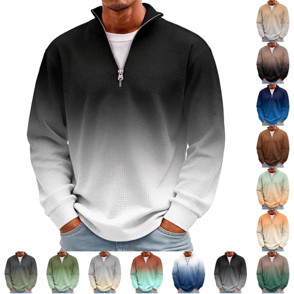 Dwellite Sweatshirts for Mens Quarter Zip Pullover Sweatshirts Casual Mock Neck Sweater Gradient Collar Long Sleeve Waffle Knit Warm Pullover Fall 2026 Black 2XL