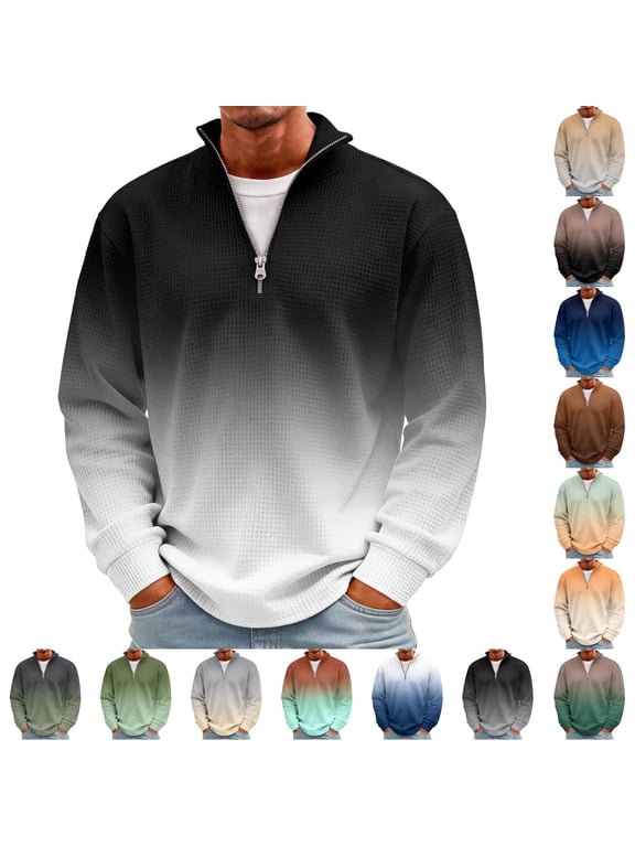 Sweatshirts for Mens Quarter Zip Pullover Sweatshirts Casual Mock Neck Sweater Gradient Collar Long Sleeve Waffle Knit Warm Pullover Fall 2026 Brown 2XL