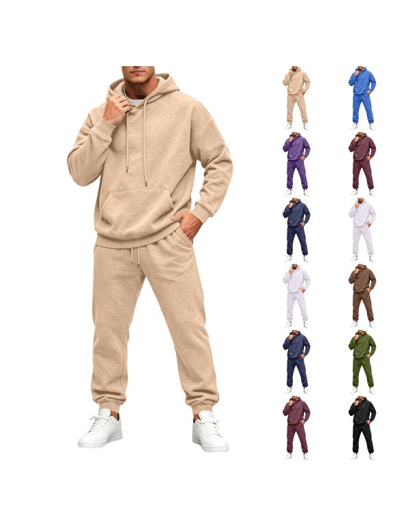 Sweatsuits Sets for Men Pullover Sweatshirt and Fleece Cargo Sweatpants 2 Piece Tracksuit Baggy Fall Winter Outfits Khaki S