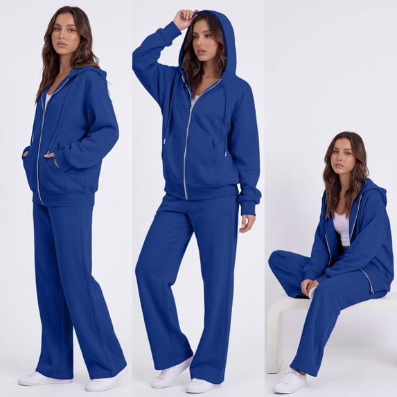 Dwellite Sweatsuits Women 2 Piece Outfit Sweat Set 2026 Fall Winter Full Zip Hooded Jacket Elastic Drawstring Jogger Pants Outfit Blue M