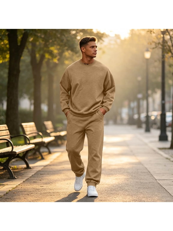 Sweatsuits for Mens Crewneck Sweat Suit Jogging Track Suits 2 Piece Matching Sets Outfits Casual Athletic Tracksuits Khaki S