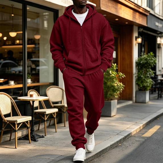 Dwellite Tracksuit Men 2 Piece Set Sweatpants Matching Zip Up Hoodie Sets Fall Winter Casual Athletic Tracksuits Jogging Suit 2026 Wine M