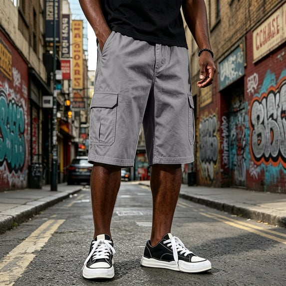 Dwellite Twill Cargo Shorts for Men Casual Classic Bermuda Shorts with Pockets Drawstring Comfort Big and Tall Pant Gray L