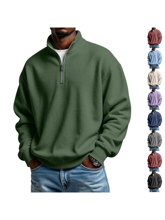 Waffle Knit Half Zip Polo Shirt for Men Stand Collar Long Sleeve Casual Soft Relaxed Fit Sweatshirts Army Green L