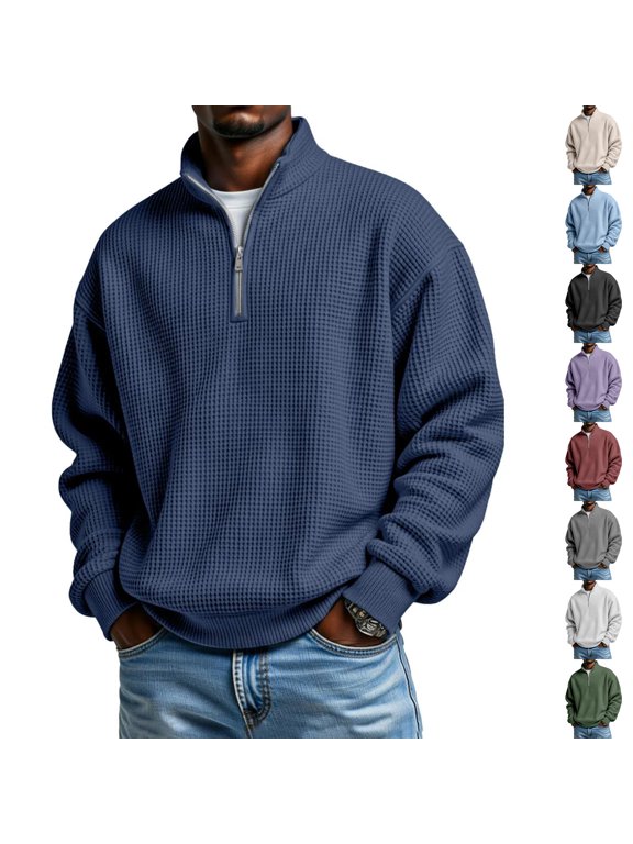 Waffle Knit Quarter Zip Pullover for Men Long Sleeve Collared Shirts Golf Pullover Sweatshirts Navy L