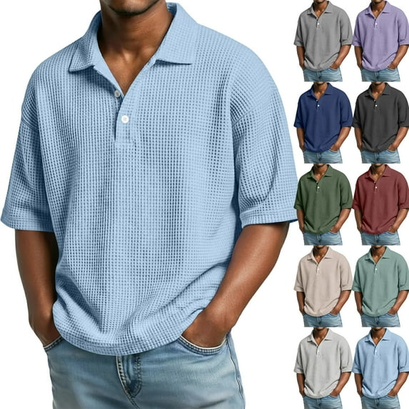 Dwellite Waffle Short Sleeve Men Polo Shirts Casual Big and Tall Fashion Collared Shirt Solid Color Golf Pullovers Mint Green 4XL