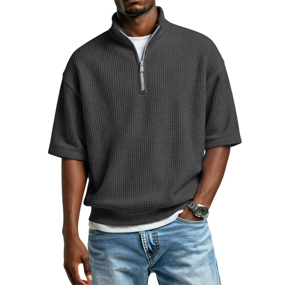 Dwellite Waffle Short Sleeve Polo Shirts for Men Big and Tall 1/4 Zip Up Shirt Casual Solid Color T Shirts Tops Black S