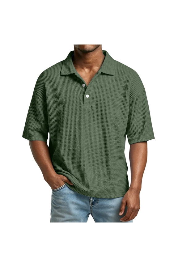 Waffle Short Sleeve Polo Shirts for Men Big and Tall Golf Shirt Casual Solid Color Collared T Shirts Tops Army Green 3XL