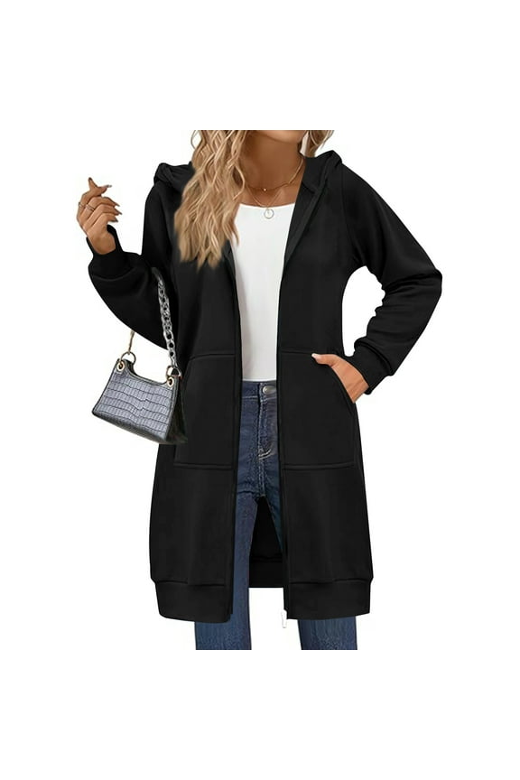 Wateresty Women's Casual Zip Up Fleece Hoodies, Long Zip Up Hoodie Sleeve Long Tunic Sweatshirts Sweater Dress Fall Jacket Coat Black L