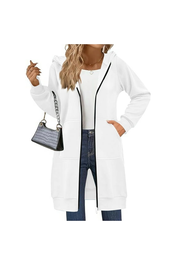 Wateresty Women's Casual Zip Up Fleece Hoodies, Long Zip Up Hoodie Sleeve Long Tunic Sweatshirts Sweater Dress Fall Jacket Coat White 2XL