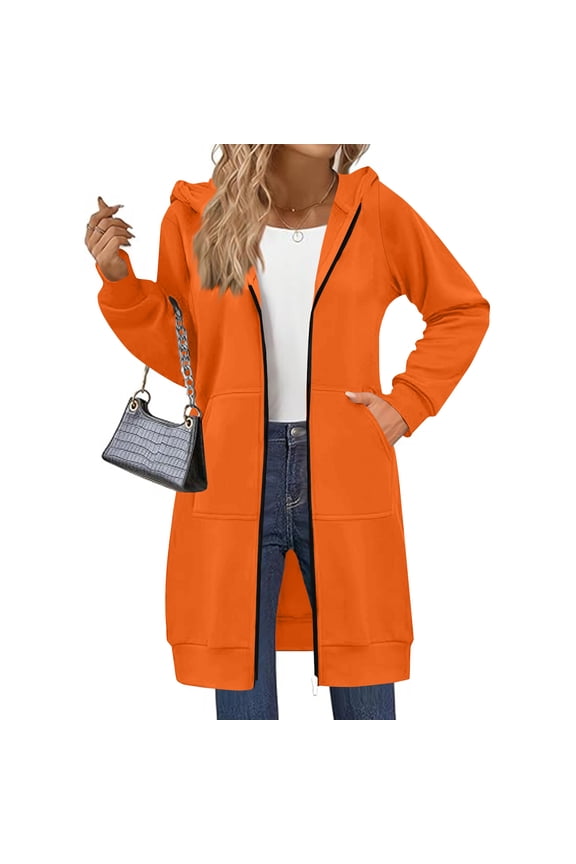 Wateresty Womens Casual Zip Up Fleece Hoodies, Long Zipper Hoodie Sleeve Long Tunic Sweatshirts Sweater Dress Fall Jacket Coat Orange M